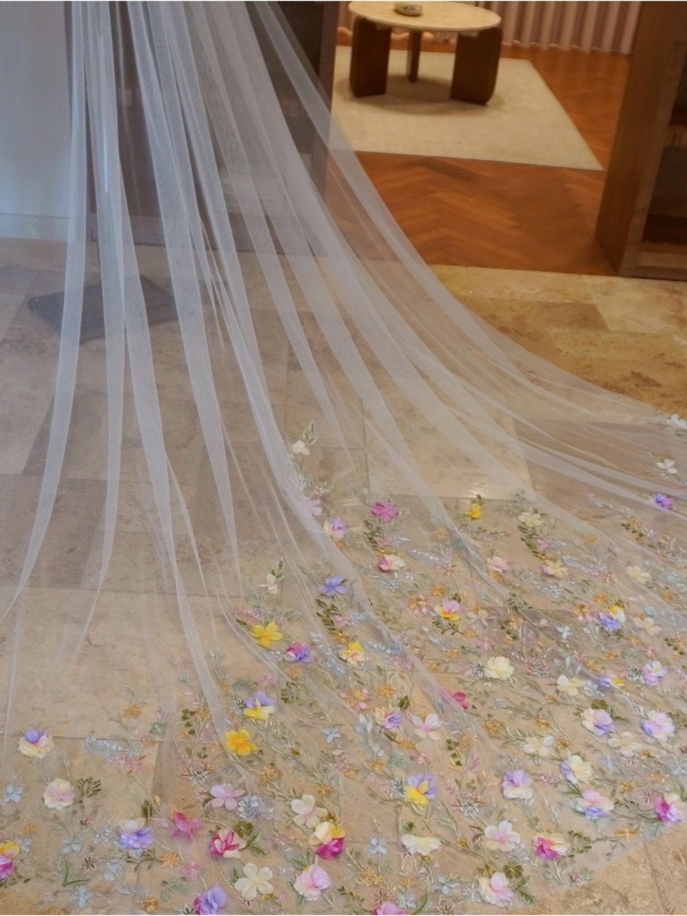 Ivory Embroidered Floral Tulle Bridal Wedding Veil w/ blush and Pastel Flowers